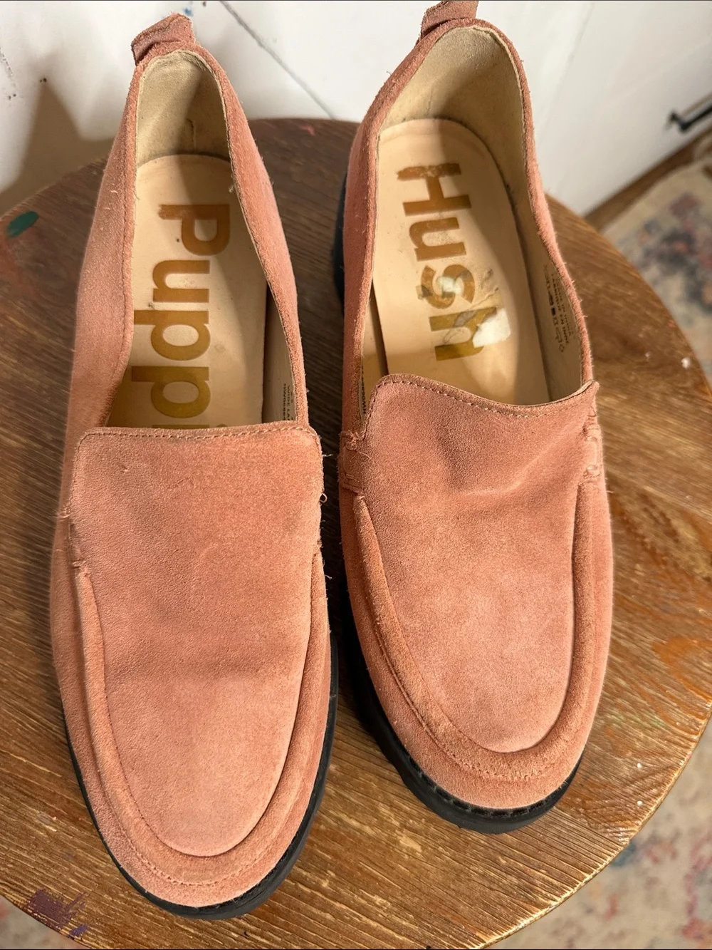 Hush Puppies Lucy Suede Loafers in Dusty Pink with Chunky Black Sole
